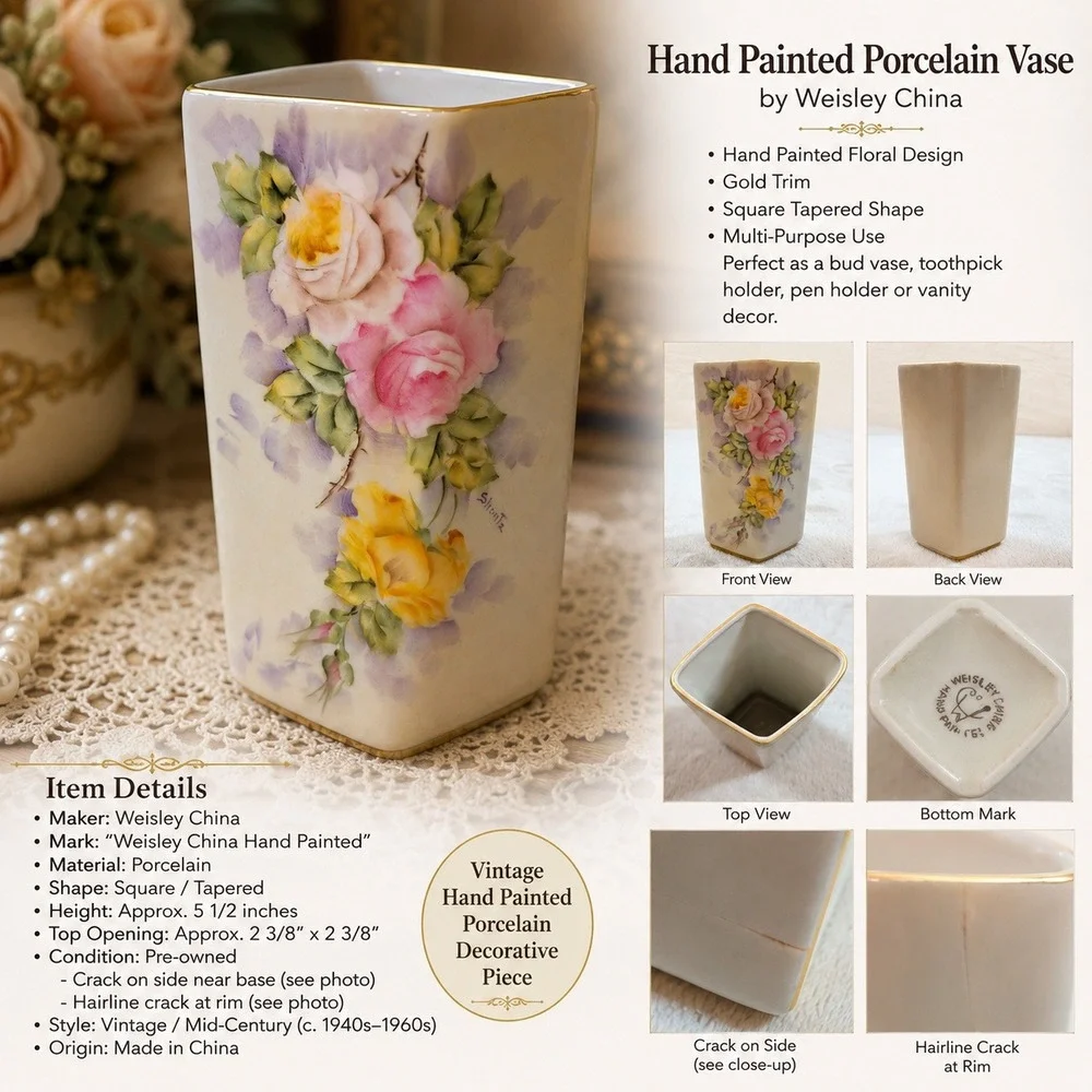 Vintage Weisley China Hand Painted Floral Bud Vase Gold Rim Signed Shantz 4.5